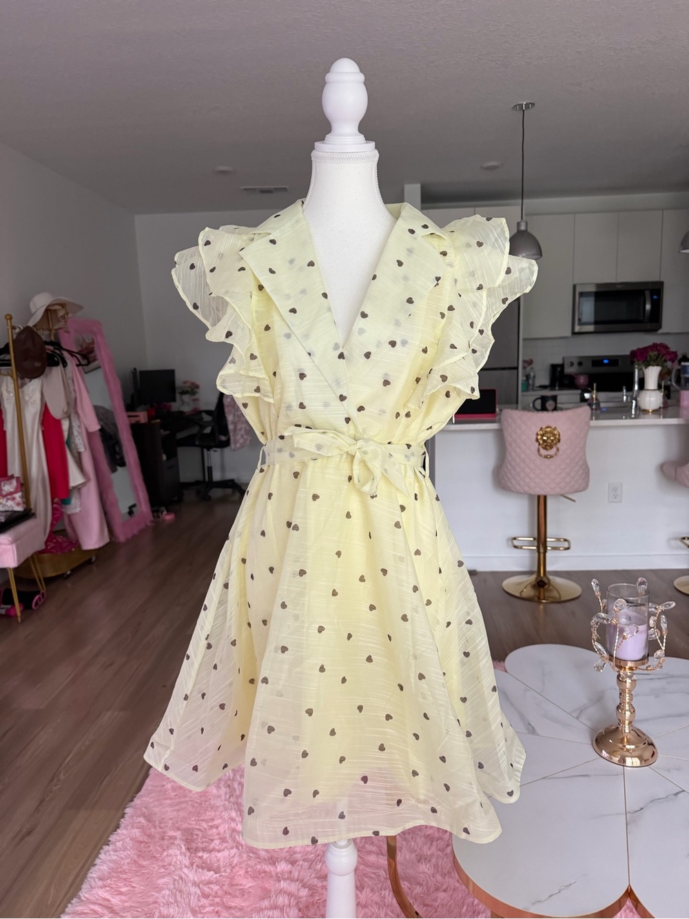 Romantic French retro style Yellow Polka Heart Ruffle Wrap Dress Fairycore